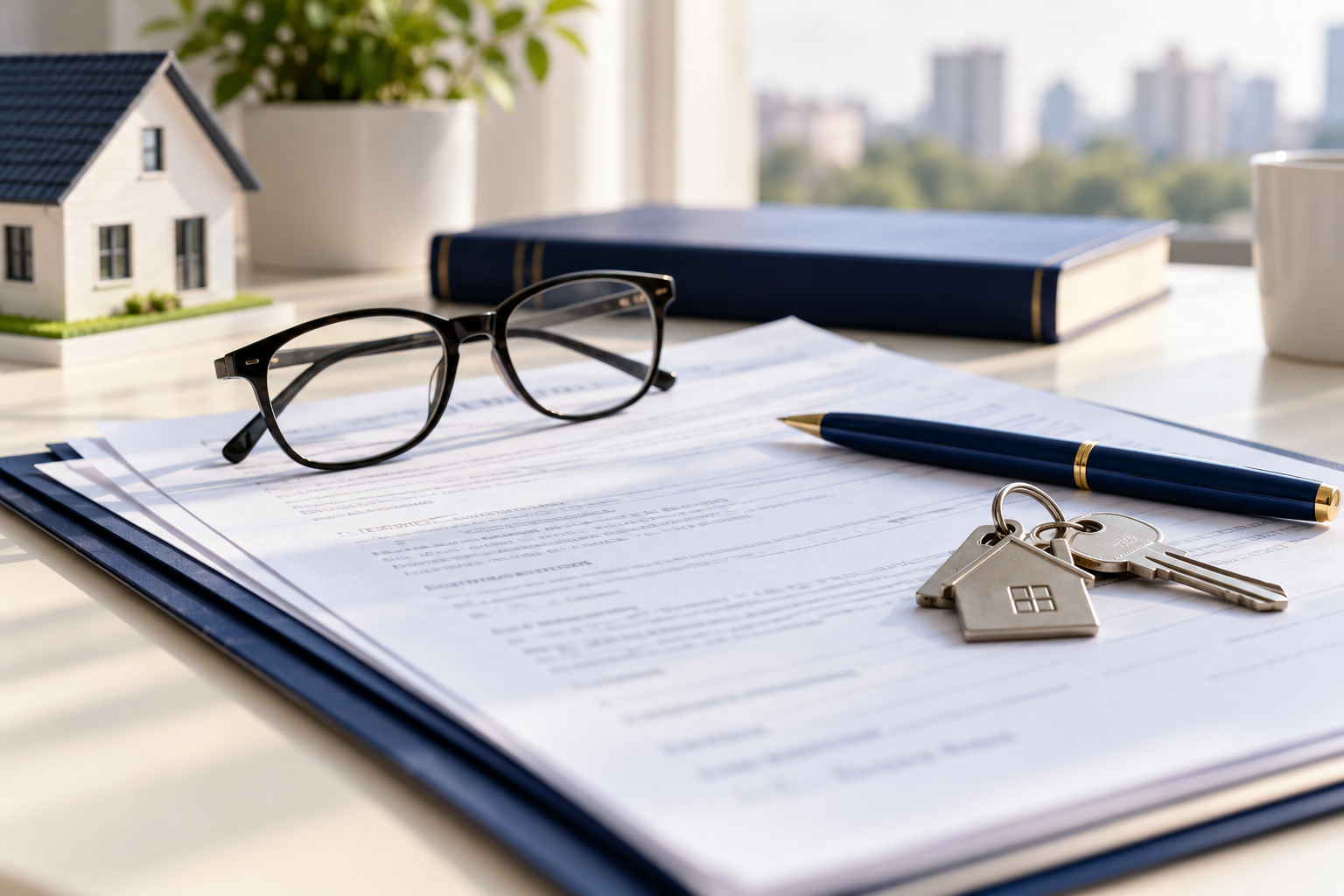 Property documents, reading glasses and keys