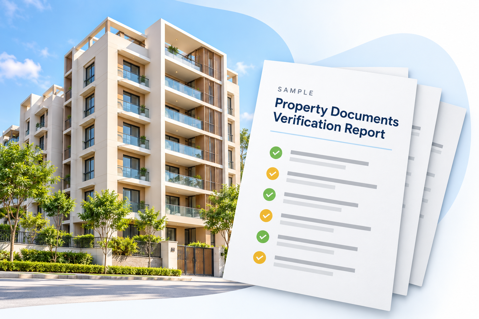 Illustrative apartment building with sample property verification report