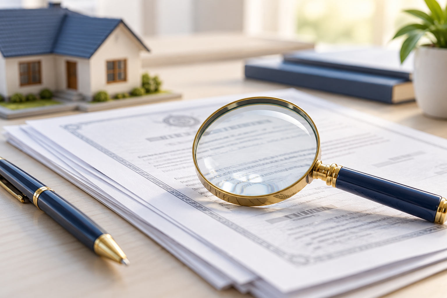 Magnifying glass reviewing property documents